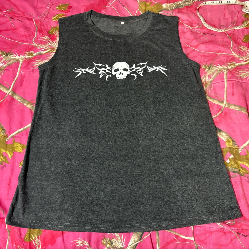 Gray Sleeveless Top with Skull Design